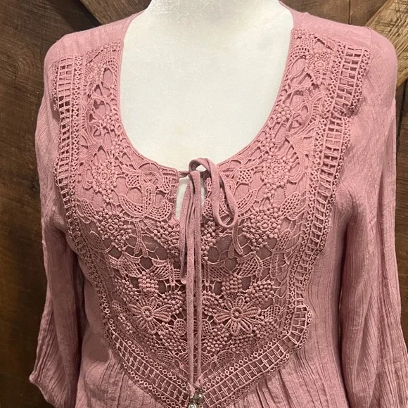 Dusty Rose Bohemian Crochet Lace Mini Dress Tunic L - Picture 2 of 8